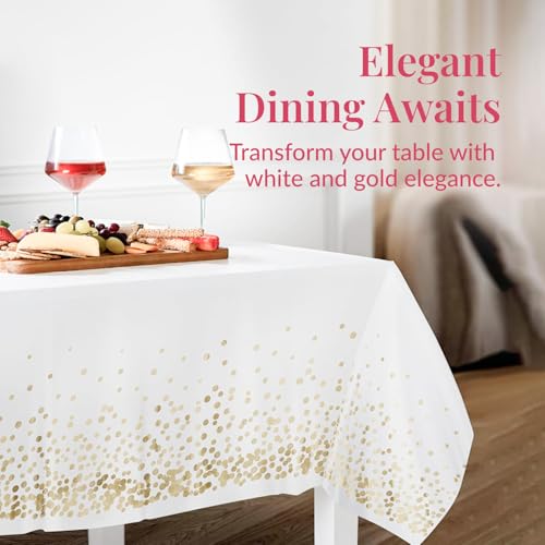 Prestee 12-Pack White and Gold Tablecloth - 54x108 Inch - Disposable Table Covers for Party, Weddings, and Holidays - Waterproof Christmas Tablecloth, Stain-Resistant Plastic Table Cover Set - color: White/Gold, size: Rectangle (12 Pack)