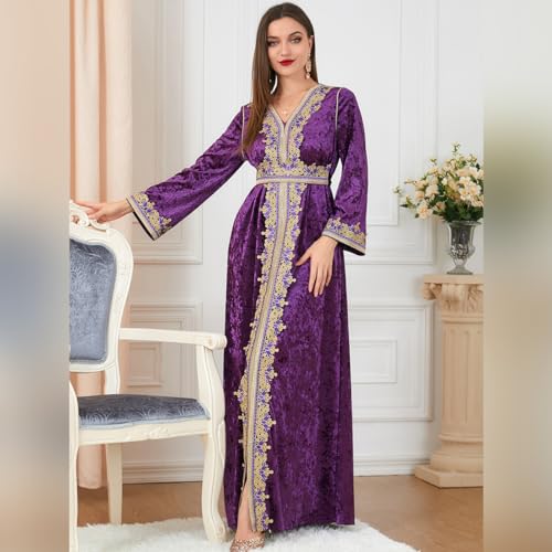 IDOPIP Muslim Women Velvet Dress Embroidery Abayas Long Sleeve V-Neck Moroccan Maxi Kaftan Dubai Robe Arabic Islamic Clothing - color: Purple, size: XX-Large