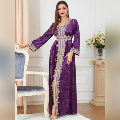 IDOPIP Muslim Women Velvet Dress Embroidery Abayas Long Sleeve V-Neck Moroccan Maxi Kaftan Dubai Robe Arabic Islamic Clothing - color: Purple, size: XX-Large