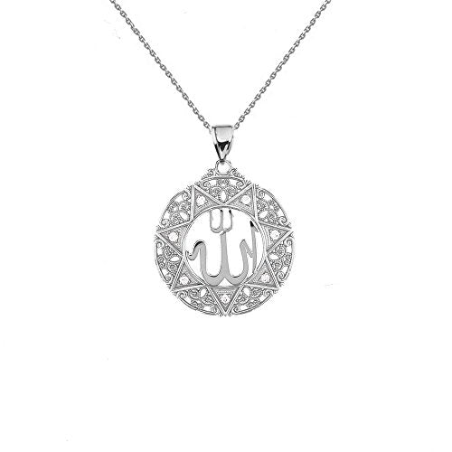Middle Eastern Jewelry Exquisite Sterling Silver CZ Round Islamic Allah Filigree Pendant Necklace (Small)