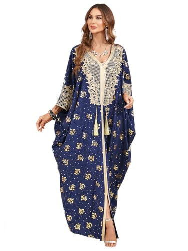 Qianliniuinc Women Muslim Maxi Dress Abaya - Lady Long Sleeve Maxi Dress Dubai Gown Jalabiya One Size - color: Dark Blue D
