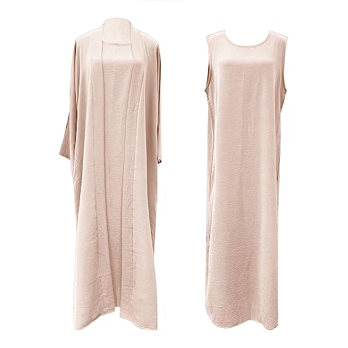 2PCS Women's Muslim Dresses Abaya Islamic Dubai Prayer Dress Robe Long Cardigan Maxi Dress - color: Beige, size: Large