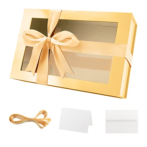 PACKQUEEN Large Gold Magnetic Gift Box with Window, Ribbon 13.5x9x4.1 In - color: Gold-13.5x9x4.1 Inches-Pack of 1