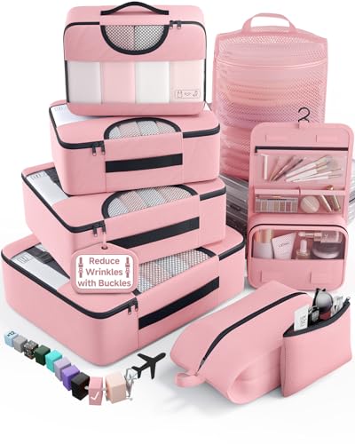 Veken 8 Set Packing Cubes for Travel Essentials,Anti-Wrinkle Buckled Suitcase Organizer for Shoe & Toiletry Bag,Carry On Luggage Bag with 99+ Count Mesh Holes for Airplane & College Dorm Accessories - color: 03 Pink