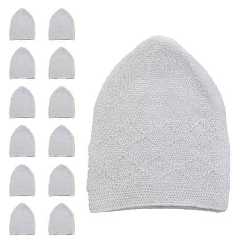 Men's Knit Kufi Muslim Prayer Cap Set with Tasbih Beads Multi Packs - color: Rumi - White
