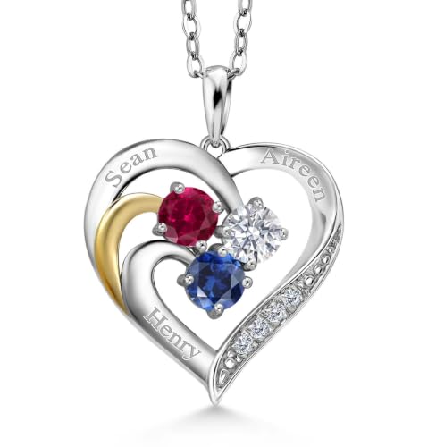 Gem Stone King Customized Engraved 3-Stone Pendant Necklace For Women | 925 Sterling Silver & 10K Yellow Gold | Personalized Round Gemstone Birthstone and Lab Grown Diamond Necklace | 18 Inch Chain