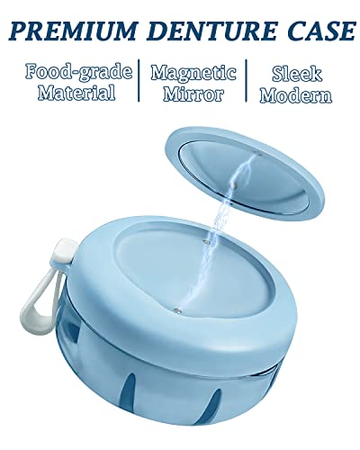 Denture Case, Definitely No-Leak Denture Bath Box for Traveling Perfectly, Denture Cup with Strainer & Magnetic Mirror,Completely Clean Care for Retainer, Mouth Guard, & Denture - color: Blue
