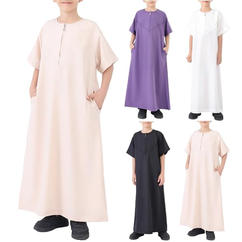 Muslim Thobe for Boys Short Sleeve Kaftan Ramadan Kids Muslim Dress for Boys Eid Outfit Islamic Arabic Prayer Clothes - color: Black, size: 5-6 Years