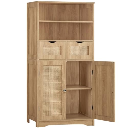 Iwell Tall Storage Cabinet, Rattan Cabinet with 2 Drawers & Adjustable Shelf, Kitchen Pantry Storage Cabient, Entryway Cabinet for Living Room, Dining Room, Home Office, Natural - color: Natural, size: 49.6"H