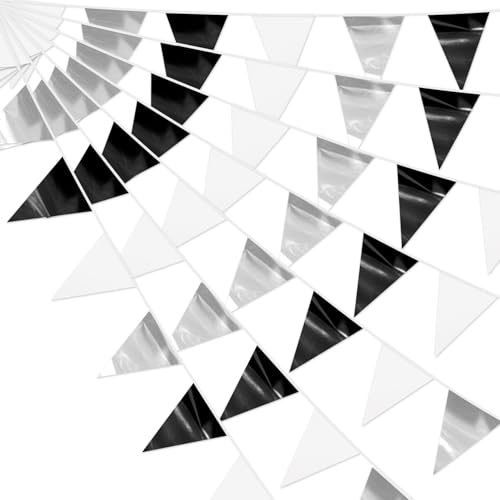 4P Black Silver White Party Decorations - Metallic Fabric Triangle Pennant Banner Flags - Indoor/Outdoor Bunting Garland for Birthday, Wedding, Graduation & Theme Parties - color: Black Silver White