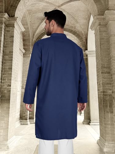 Men’s Kurta Kaftan Robe - Long Sleeve Cotton Linen Muslim Henley Shirt for Ramadan, Prayer & Daily Wear - color: Navy, size: X-Large