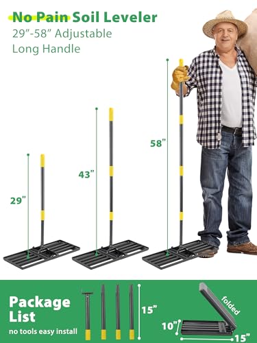 Lawn Leveling Rake Heavy Duty, 30x10 in Large Soil Leveling Rake, Ground Leveler with Anti Flipping Smooth Edge for Dirt Sand Grass Golf, 58" Long Handle, Foldable Garden Landscaping Levelawn Tools - size: 30"x10" , 5 ft