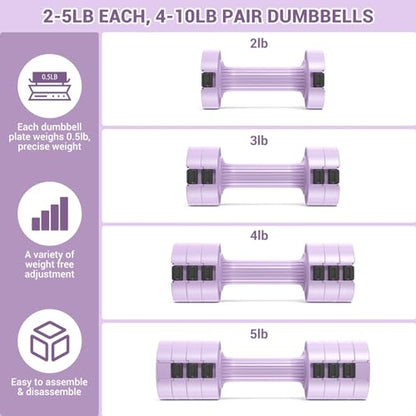 Sportneer Adjustable Dumbbells Hand Weights Set: 5 lb Dumbbell Set of 2 Each 2lb 3lb 4lb 5lb Free Weights Fast Adjust Weight 4 In 1 Weights Dumbbells Set for Women Men Home Gym Exercise Training - color: Purple