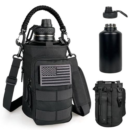 DEFUNX Half Gallon Water Bottle Insulated with Sleeve - Tactical 64 oz Stainless Steel Water Jug with MOLLE Water Bottle Pouch, Gym Water Bottles for Men Hiking Workout (Black) - color: 64oz - Black, size: 64 Ounces
