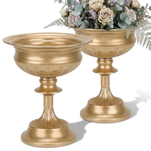 WORTH Small Urn Vases for Centerpieces Set of 2, Classic Metal Trumpet Flower Pots for Table, Bowl Vase for Wedding Party Event Home Deco (Golden, 7.8" Dia x 8.8" H), Smooth, Non-Aged Finish - color: Gold, size: 2x Large