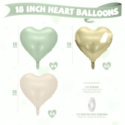 Sage Green Gold Heart Balloons, 10PCS Cream Foil for Jungle Baby Shower - color: Sage Green Gold