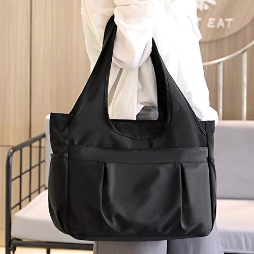 Tote Bag for Women Nylon Lightweight Large Handbag Purses Multi-pocket Shoulder Bag for Work Travel - color: Black
