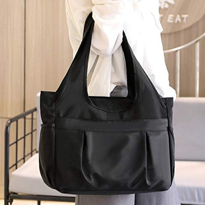 Tote Bag for Women Nylon Lightweight Large Handbag Purses Multi-pocket Shoulder Bag for Work Travel - color: Black