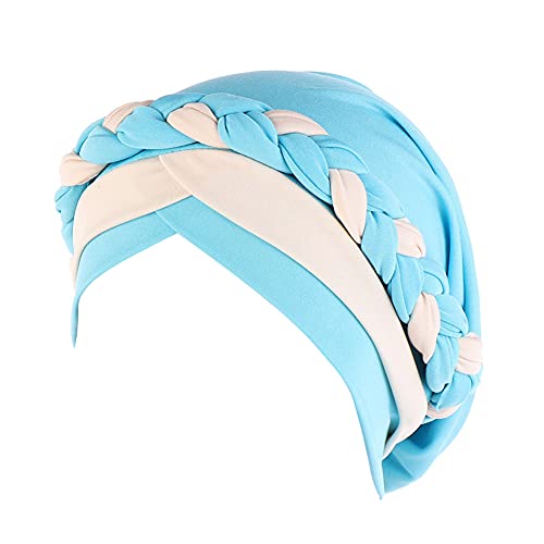 Fxhixiy Silky Braid Turban Cap for Women Cancer Chemo Beanie Hijab Headwear - color: Lake Blue Beige