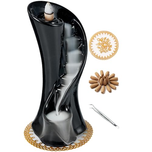 Unique Cloud Stairs Ceramic Waterfall Incense Holder, Paired with a Pack of Backflow Incense Cones. (Black) - color: Black
