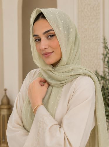 Chiffon Dotted Hijab Scarf for Women, Lightweight Textured Head Wrap Shawl,Soft Muslim Headscarf for Spring Fall - color: Mcmqxf2531-8#lightgreen