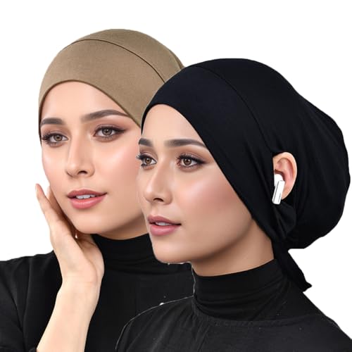 Hijab Undercaps Slouchy Beanies Cap Soft Hijab Caps Under Scarf for Women Muslim Jersey Inner Beain-Cap - color: Black+khaki