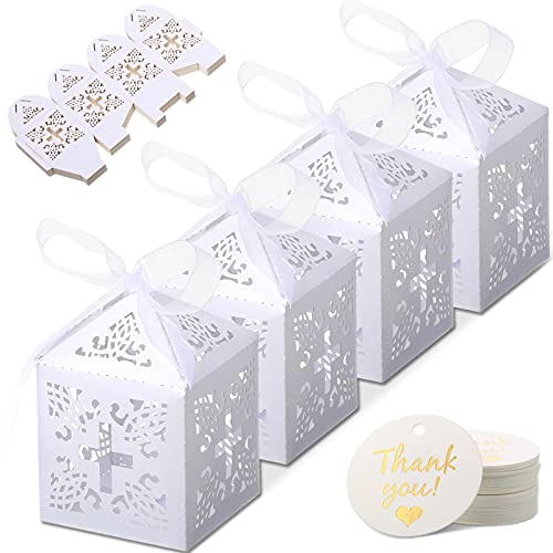 Marspark 50 Pieces White Baptism Favor Boxes 2 x 2 x 3 Inch Christening Favor Laser Cut Candy Boxes with 50 Ribbons and Thank You Tags for Baby Birthday Decoration Shower Party Decoration Supplies