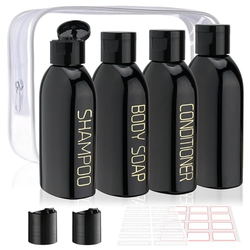 Cosywell Travel Bottles for Toiletries 4pcs 3.4oz Travel Shampoo bottles - color: 3.4oz Black - 3 Labeled 1 Blank