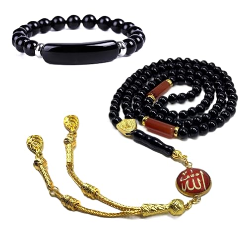 Special Prayer Beads Series -99 beads- Tesbih Tasbih Tasbeeh Misbaha Masbaha Subha Sebha Sibha (Black Shiny Agate Stone and Bracelet -6 mm Small Beads-)