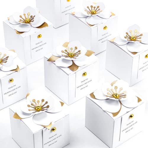 Affrolling 50 Pcs Wedding Favor Boxes with Thanks Card Square Flower Candy Boxes Paper Bridal Gift Box for Guests Wedding Bridal Shower Birthday Party Anniversary(White) - color: White