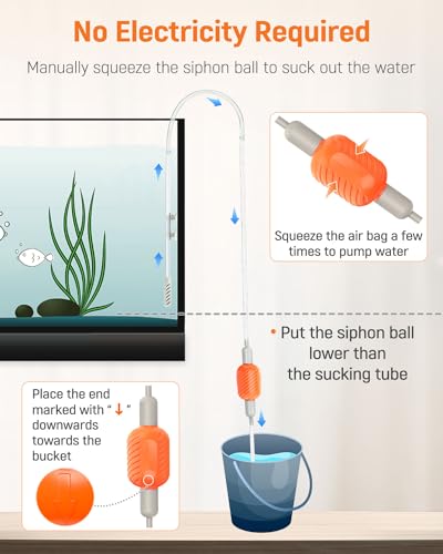 Pawfly 10 Gallon Aquarium Vacuum Gravel Cleaner, Manual Water Changer Siphon with Long Hose and Cleaning Brush Pad for Water Changing and Sand Washing