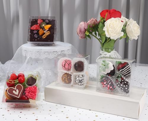 RomanticBaking 15PCS 5x5x2 Inches Full Clear Chocolate Covered Strawberries Boxes Cookies Boxes Mini Bundt Cake Pie Cinnamon Roll Treat Boxes Chocolate Truffle Box Party Wedding Favor - size: 5"X5X2"