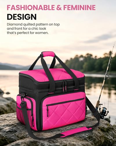 Smasrob Fishing Tackle Bag, Fish Bag (Tackle Boxes Not Included), Rose | Large Lure Boxes Pocket , Extra Top Tackle Trays Pocket, for Saltwater and Freshwater - color: Rose
