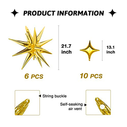 Gold Star Foil Balloons Kit - 6 Pack 12 Point Starburst Cone and Spike Balloons With 10Pcs Four Pointed Stars for Wedding, Baby Shower, Photo Booth, Birthday Party Supplies - style: Gold Star Explosion Balloons