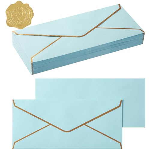 100 Pack #10 Business Envelopes with Gold Stickers, Light Blue | Self Seal Standard Envelopes with Gold Border, 4 1/8 x 9 1/2 Inches, For Office, Checks, Letter Mailing, Invoices - color: Light Blue