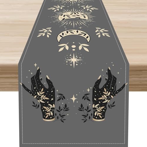 Witchy Table Runner, Boho Moon Phase Hippie Astrology Moonlit Starry Mystical Aesthetics Table Center Decor for Home Kitchen Dining Patio Holiday Py Indoor Outdoor Table Decorations, 13"x36" Inch - color: Moonlit-2, size: 13x36" Table Runner