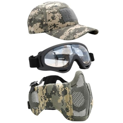 Airsoft Mask with Goggles, Foldable Half Face Airsoft Mesh Mask with Ear Protection for Paintball Shooting Cosplay CS Game - color: 3pcs-ACU+Black, size: 3pcs