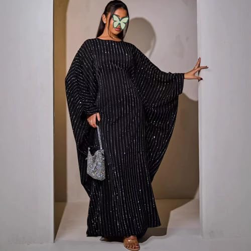 Muslim Abaya Dress 1Piece Bat Sleeve Kaftan Robe Women Islamic Maxi Dress Rhinestone Jilbab Eid Shiny Abaya(No scarf) - color: Black I