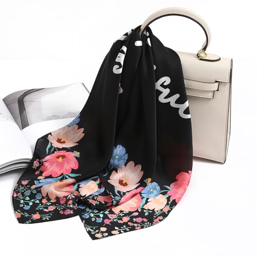 STARWHISPER 27" Square Head Scarf for Women Silk Feeling Satin Scarf Women Fashion Silk Scarf for Wrapping Hair - color: Elegant Flower4