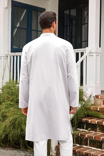 Runcati Mens Kaftan Thobe Button Down Casual Henley Shirts Long Sleeve Robe Cotton Linen Muslim Gown Shirt - color: White, size: Medium