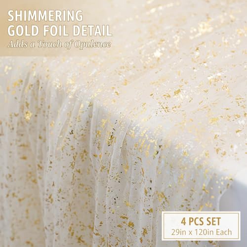 4PCS Gold Sequin Table Runner, 29x120 Inch Sheer Tulle Metallic Foil Table Runners for Wedding Birthday Party Anniversary Holiday Table Decor
