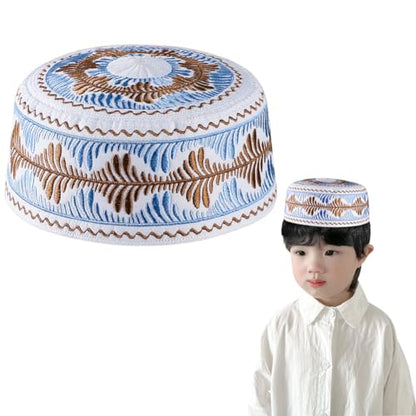 Kids Boys Muslim Prayer Kufi Hat Islamic Prayer Cap Embroidered Prayer Headwear Cap Praying Skull Cap Topi Ramadan Eid Hat - color: Blue-medium