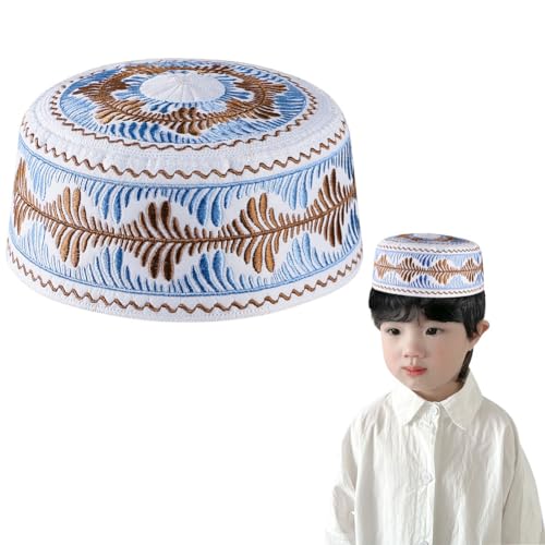 Kids Boys Muslim Prayer Kufi Hat Islamic Prayer Cap Embroidered Prayer Headwear Cap Praying Skull Cap Topi Ramadan Eid Hat - color: Blue-medium