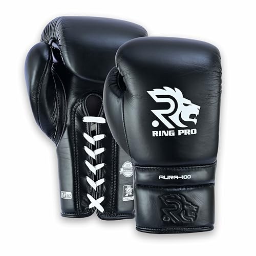 Aura 100 Full Grain Leather Lace Up Boxing Gloves for Men & Women – Professional Training, Sparring, Competition, Muay Thai, Kickboxing & Heavy Bag Gloves - color: Black, size: 16 OZ