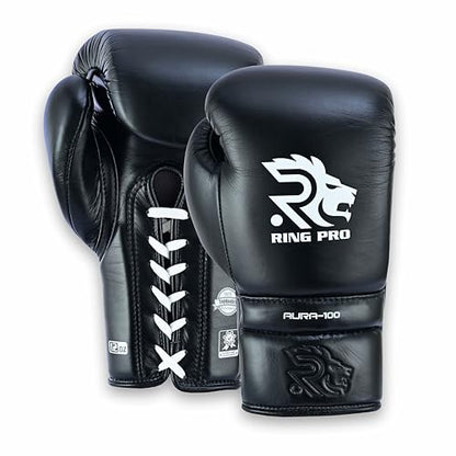 Aura 100 Full Grain Leather Lace Up Boxing Gloves for Men & Women – Professional Training, Sparring, Competition, Muay Thai, Kickboxing & Heavy Bag Gloves - color: Black, size: 14 OZ