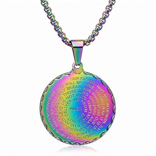 Steeltime Stainless Steel Lords Prayer Necklace with Simulated Diamonds - color: Rainbow IP, style: Round Pendant