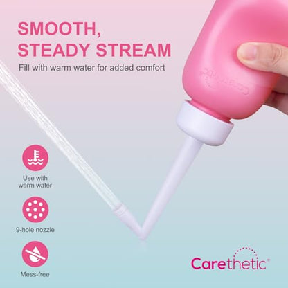 Carethetic Peri Bottle, 10oz Upside Down Portable Bidet for Postpartum Care, Perineal Cleansing with Angled Nozzle, Travel Bag, New Mom Essentials, Pink