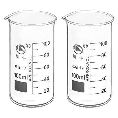 PATIKIL 100ml Tall Form Glass Beaker, 2 Pack 3.3 Borosilicate Glass Graduated Printed Scale Measuring Cups with Spout for Kitchen Lab Liquids Transit Boiling - size: 100ml