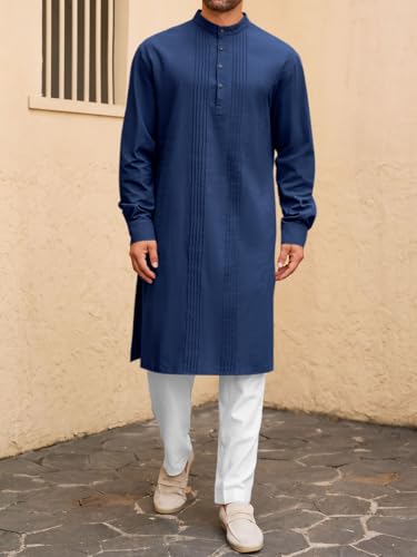 Runcati Mens Kaftan Robe Button Down Long Sleeve Cotton Linen Thobe Casual Muslim Gown Henley Shirt - color: Navy, size: Medium