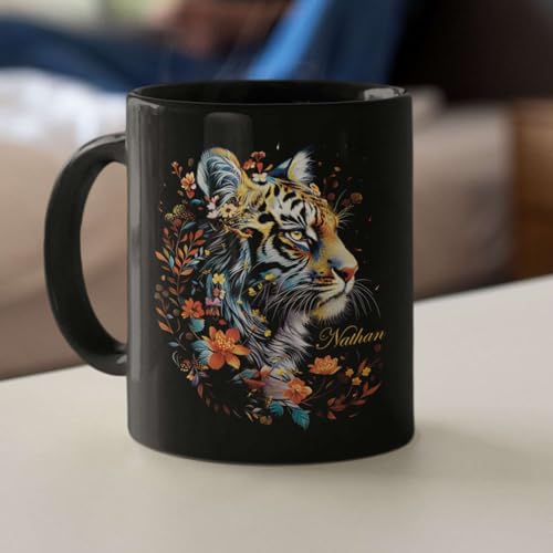 Tiger Mug, Customized Floral Coffee Cup 11oz 15oz, Personalized Wildlife Enthusiasts Black Mug, Custom Name Animal Ceramic Cup, Mug Gift For Nature Lovers, Flower Cup For Mom - color: THU-924-1960-Tiger